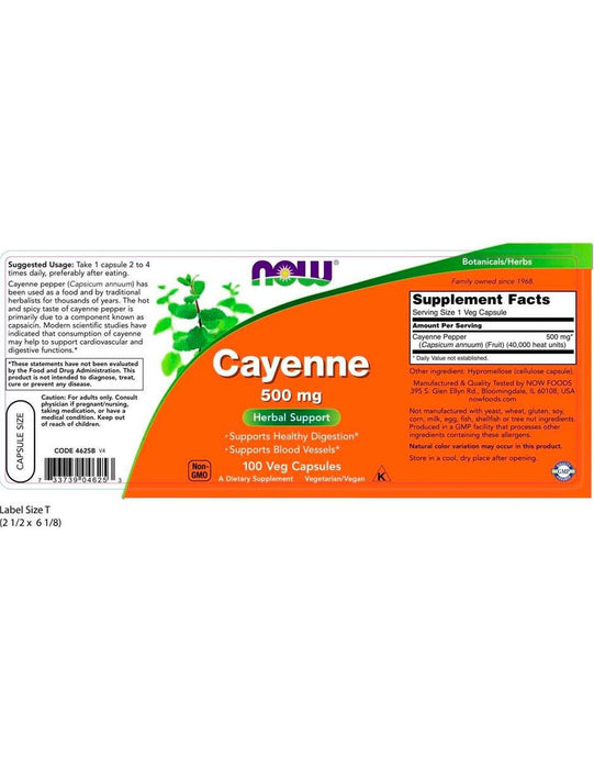 Capsicum annuum Now Pimienta de Cayena 500 mg 100 Cápsulas